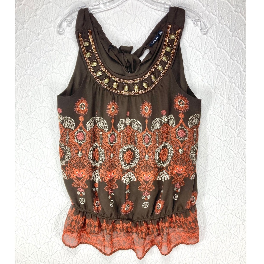 Apt. 9 Beaded Medallion Print Blouse Womens S Brown Boho Artistic Gypsy Summer